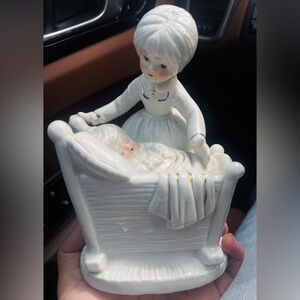 Vintage White Porcelain Mother and Baby Figurine with Gold Accents